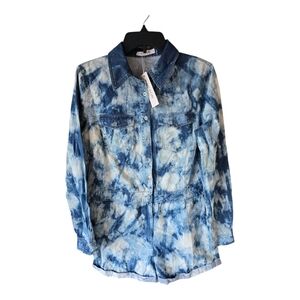 Mebon Machine Chambray Romper Jumpsuit Women L Blue Denim LongSleeve Tye Dye